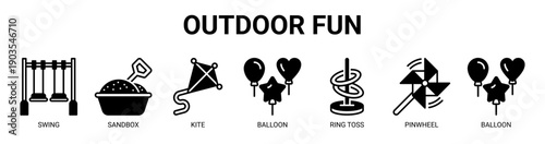 Outdoor Fun web banner icon vector illustration concept with icon of swing, sandbox, kite, balloon, ring toss, and pinwheel.