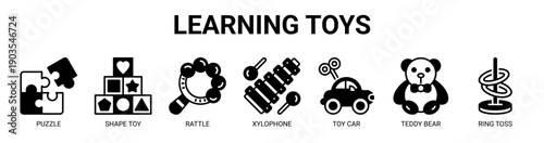 Learning Toys web banner icon vector illustration concept with icon of puzzle, shape toy, rattle, xylophone, toy car, teddy bear, and ring toss.