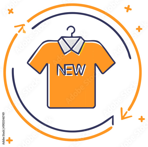 New apparel illustration for sale with arrows circling clothing on hanger emphasizing the newest arrivals
