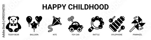 Happy Childhood web banner icon vector illustration concept with icon of teddy bear, balloon, kite, toy car, rattle, xylophone, and pinwheel. 