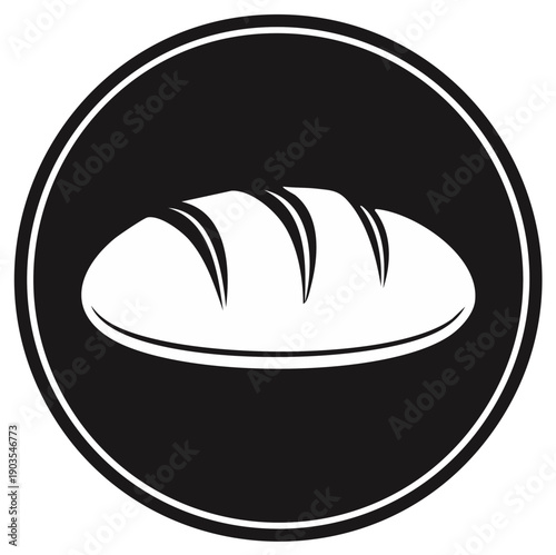 Bread loaf icon in a black circle. Simple bakery logo element.