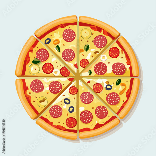 Delicious, round pepperoni pizza, cut into eight perfect slices, richly adorned with savory toppings, cheese, and a golden crust, ready for sharing and a satisfying meal