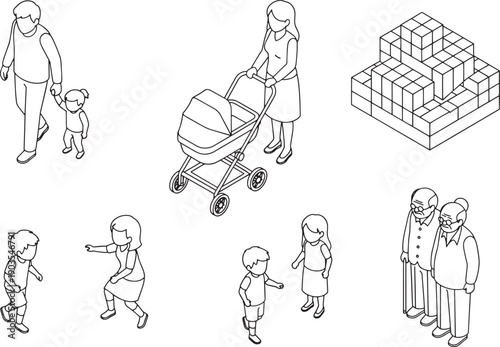 Illustrative depiction of families, and boxes, set against a pristine backdrop, creating a composition that can evoke themes of home, care and structure.