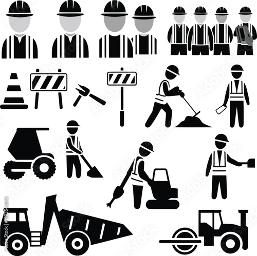 Construction workers at work with equipment and vehicles