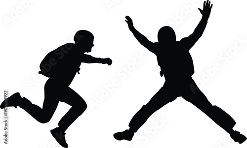 Set of Black Silhouette Vector Illustrations Featuring Two Skydivers Jumping and Falling Through the Air for Extreme Sports Adventure and Adrenaline Designs