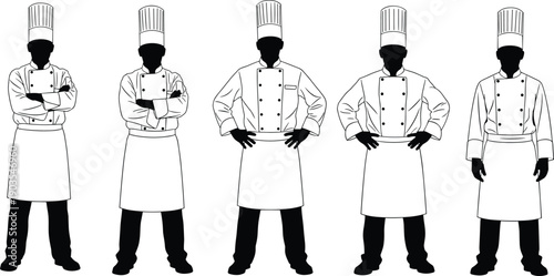 Silhouette chefs in professional uniforms standing confidently, restaurant kitchen staff illustration, culinary teamwork concept, hospitality industry workers, cooking profession and leadership theme