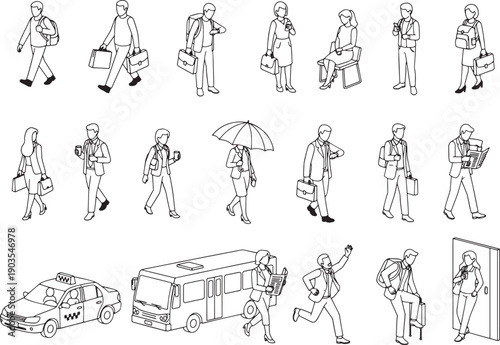 A collection of monochrome line drawings that capture urban life, depicting diverse figures engaged in various activities, ranging from commuting and waiting to working and walking.