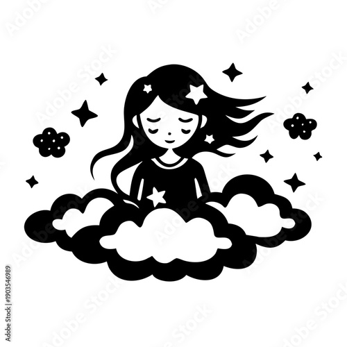 dreamer girl among clouds silhouette icon illustration for imagination, fantasy, and creative design use