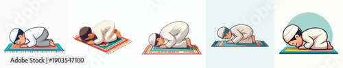 vector of a little Muslim boy praying with a prostrate gesture side view