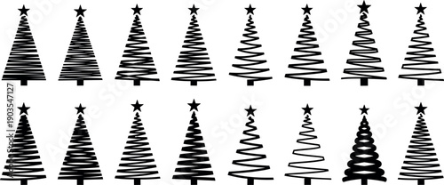 Christmas tree outline icons set, abstract spiral holiday pine shapes minimalist black vector collection – flavector