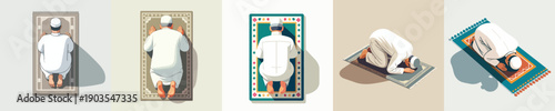 vector of a Muslim man praying with a prostrate gesture top view