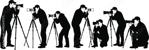 Professional photographer silhouette set featuring cameramen with telephoto lenses on tripods taking photos in different positions isolated on white background for creative design.