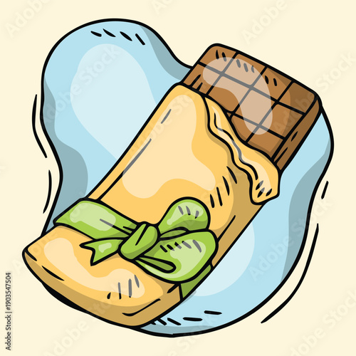 A cartoon illustration of a chocolate bar partially unwrapped with a green ribbon.