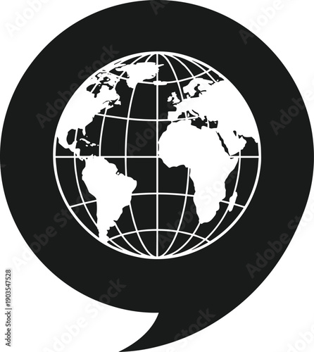 Global communication icon, world location pin illustration, international connectivity graphic, speech bubble globe design, black and white vector artwork