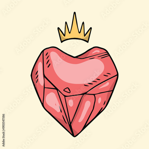 A cartoon illustration of a faceted pink gemstone heart with a golden crown on top.