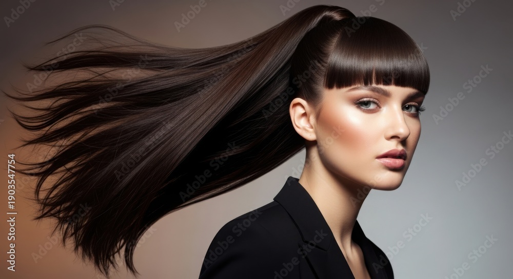 Fototapeta premium Dynamic ponytail with bangs on a confident model