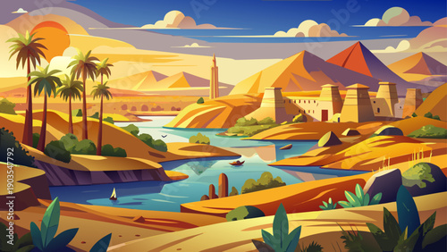 Very beautiful Aswan landscape unfolds with golden desert tones, distant palms, and tranquil horizons, reflecting southern Egypt’s natural beauty and serene atmosphere shaped by river and stone.