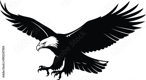 Black silhouette of a majestic bald eagle with spread wings in flight isolated on a white background for American patriotic or wildlife nature concepts