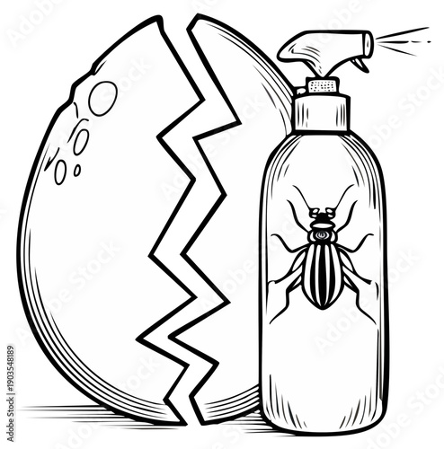 Insecticide spray bottle with bug symbol next to cracked eggshell illustration