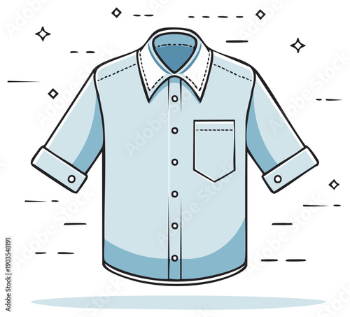 Blue short-sleeved shirt illustration with collar and pocket, clean simple design, modern apparel icon for stock