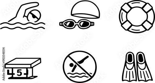 Line icons for swimming gear and activities.
