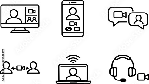 Line icons for virtual video communication. Vector
