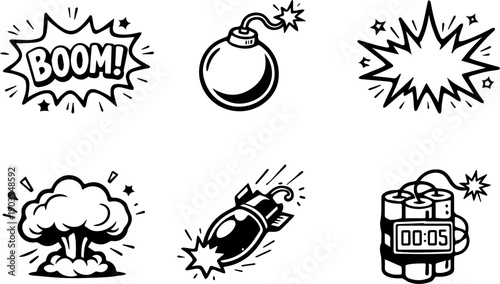 A dynamic set of icons representing explosions, bombs, and impact visuals.
