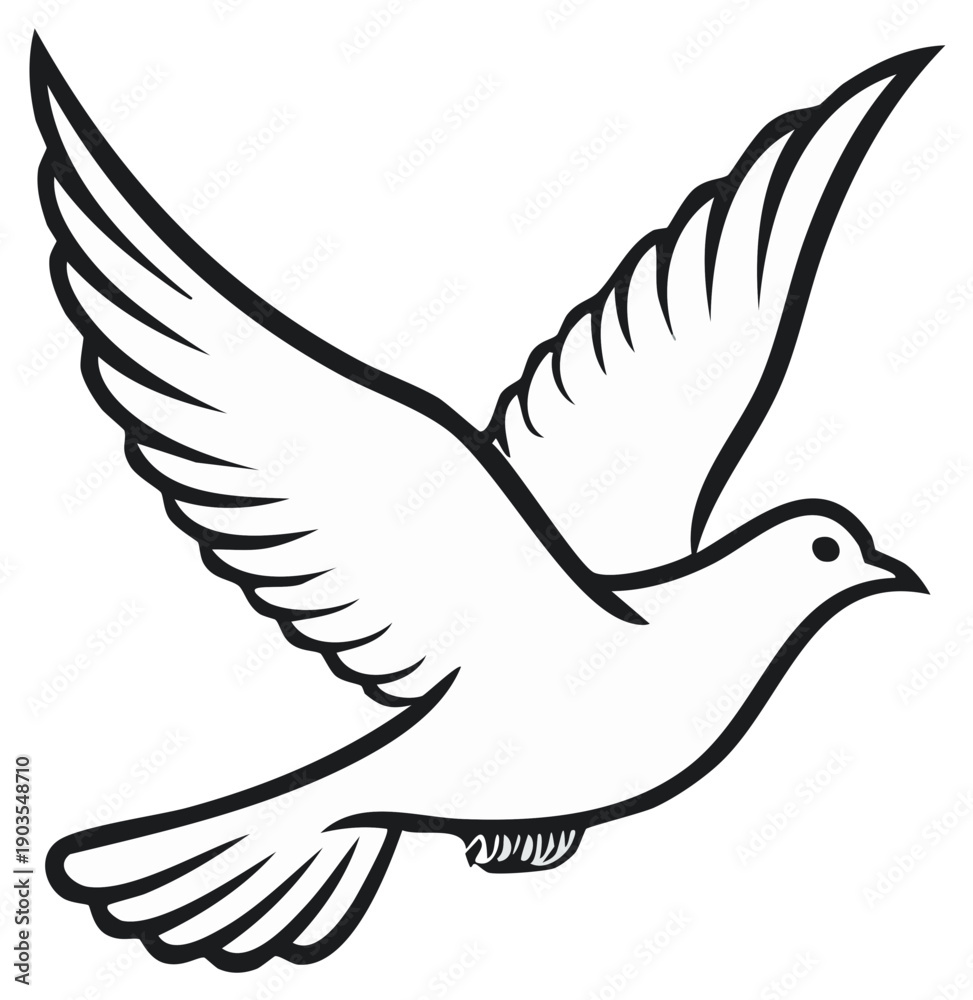Obraz premium Elegant line art illustration of a white dove in flight with outstretched wings symbolizing peace and freedom