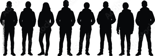 Standing people silhouettes collection, anonymous human figures, front view lineup, black shape characters, isolated on white background illustration