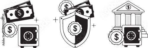 Illustration of financial security with money, a vault, and a bank