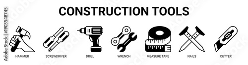 Construction Tools web banner icon vector illustration concept with icon of hammer, screwdriver, drill, wrench, measure tape, nails, and cutter.