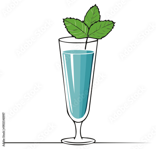Elegant Illustration of Tall Glass with Blue Liquid and Mint Leaves Garnish for Cocktail or Drink