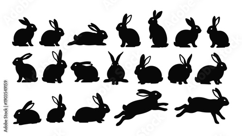 A collection of black silhouettes of rabbits in various poses and positions Vector