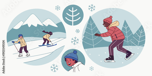 Children enjoy various winter sports activities including skiing and ice skating in a charming, stylized illustration with snowy landscapes and mountains.
