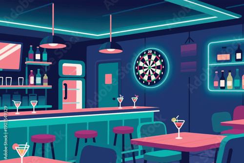 Modern neon bar interior with cocktails, bottles, tables, and dartboard, symbolizing nightlife fun and social entertainment.