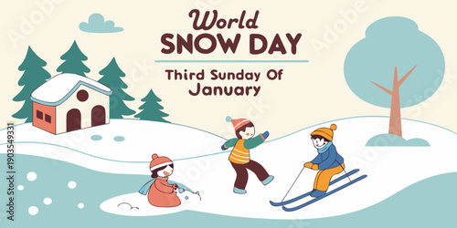 Children celebrate World Snow Day by playing in the snow near a small cabin illustration.