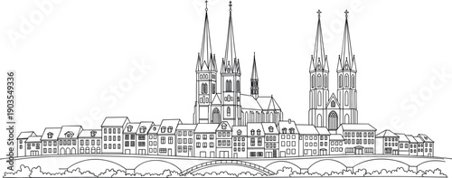 European city skyline line art with cathedral towers, historic buildings and bridge panoramic outline vector illustration flavector