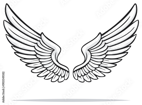 Stylized symmetrical wings illustration spreading out in flight; drawing, graphic, bird or angel, fantasy art, soar