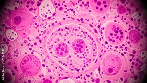 Microscopic view of tissue cells with pink hues and circular structures