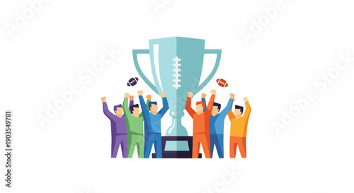 Joyful diverse team celebrating a significant achievement and collective success, raising hands in triumph around a large, shiny championship trophy.