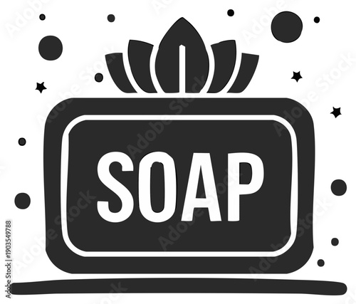 Black Soap Bar with Leaves - Hand Drawn Soap, Hygiene, Minimalist Graphic, Black and White