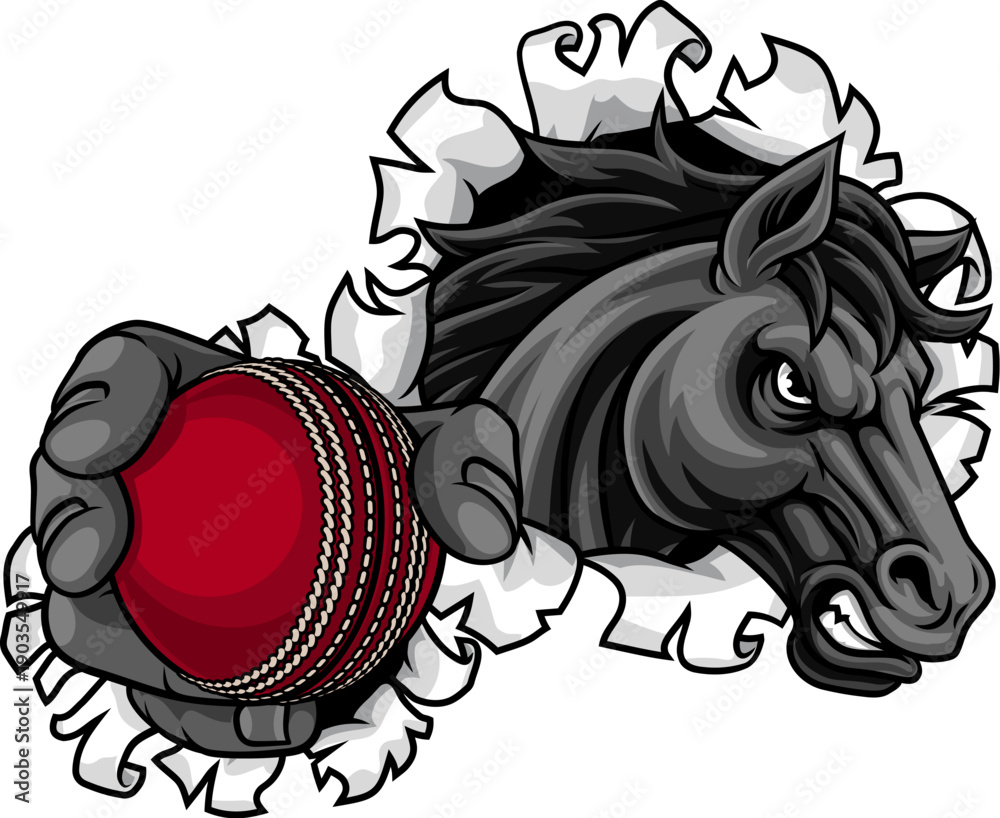Obraz premium Horse mustang bronco stallion cricket angry sports team mascot holding a ball.