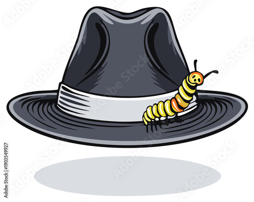Cartoon Caterpillar Crawling on a Fedora Hat Illustration
