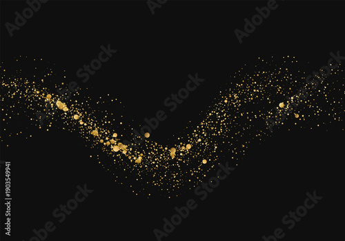 Abstract black background with golden glitter wave created from sparkling particles.