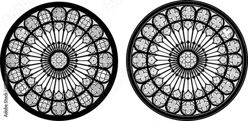 Gothic rose window illustration, circular stained glass pattern, cathedral decorative design, detailed black vector art