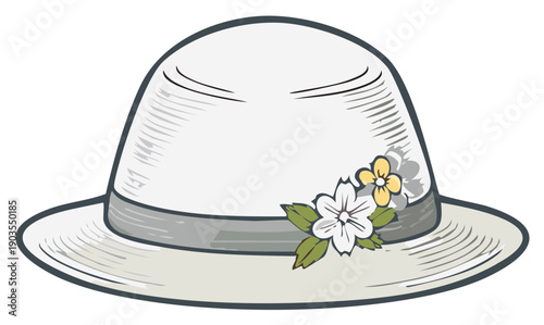 Elegant Summer Hat Embellished with Delicate White Flowers and Green Foliage Accessory Design