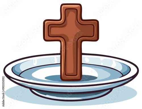 Wooden Christian Cross in Baptismal Font with Water Depicting Religious Faith and Beliefs