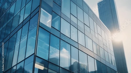 Modern glass office building with blue tinted windows reflecting sky