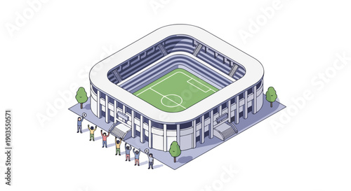 Isometric illustration of a modern sports stadium with a soccer field and spectators waving