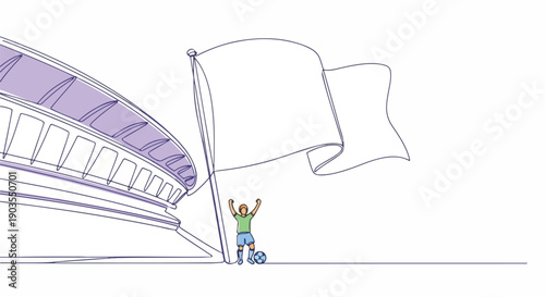 Continuous line art of a victorious soccer player celebrating with a blank flag in a stadium, perfect for sports achievement and championship concepts.